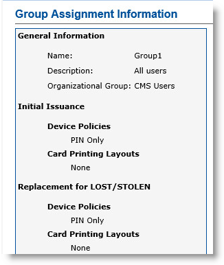 Group Assignment Information page displaying information specified for the group